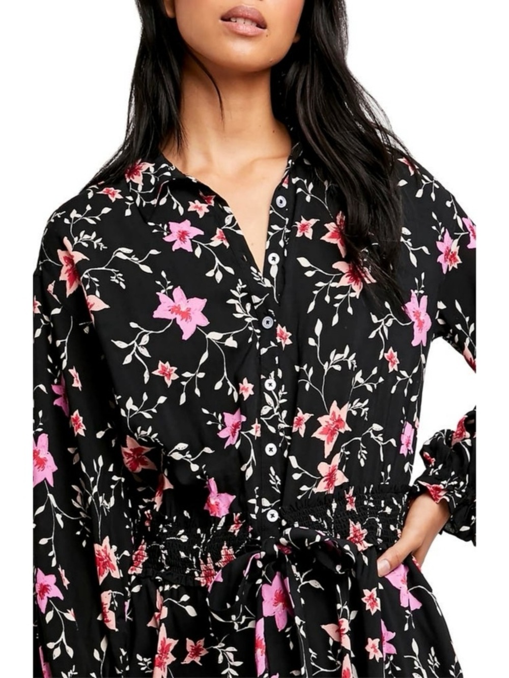Free People Lighten Up MiniBlack Floral Long-Sleeve with Pink Accents - Picture 5 of 9